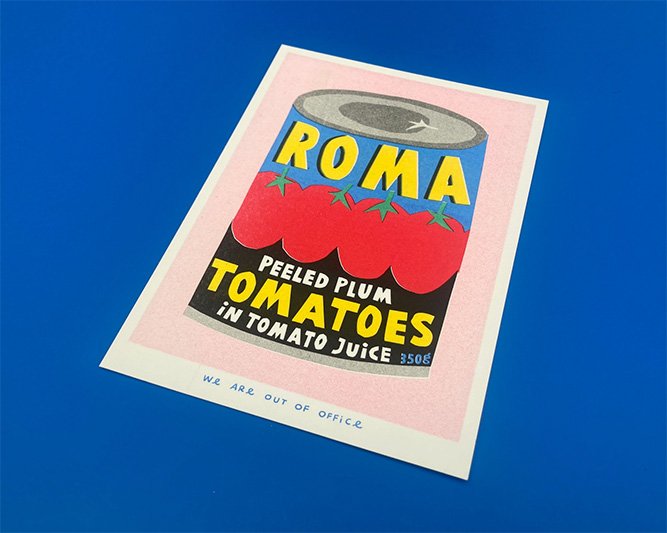 Affiche risographie 'Boîte de tomates italiennes' | WE ARE OUT OF OFFICE
