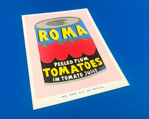 Affiche risographie 'Boîte de tomates italiennes' | WE ARE OUT OF OFFICE