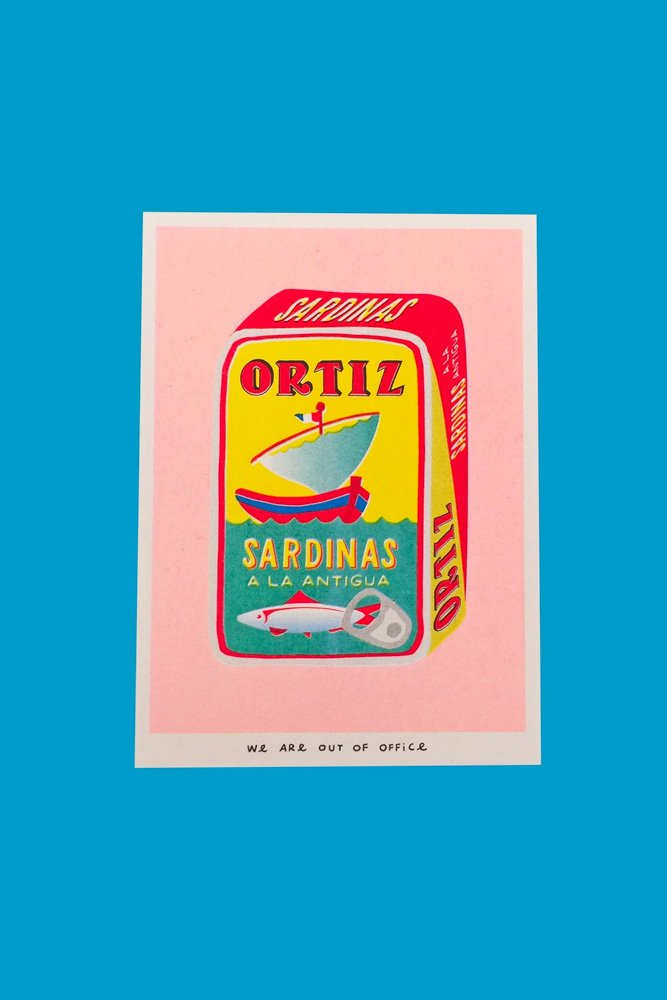 Affiche risographie 'Ortiz boîte pleine de sardines' | WE ARE OUT OF OFFICE