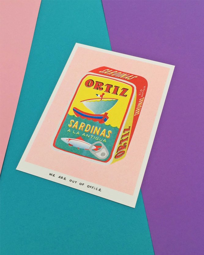 Affiche risographie 'Ortiz boîte pleine de sardines' | WE ARE OUT OF OFFICE