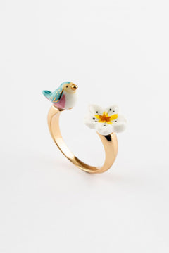 Bague 'FaceToFace' Oiseau bleu & fleur de poirier | NACH BIJOUX