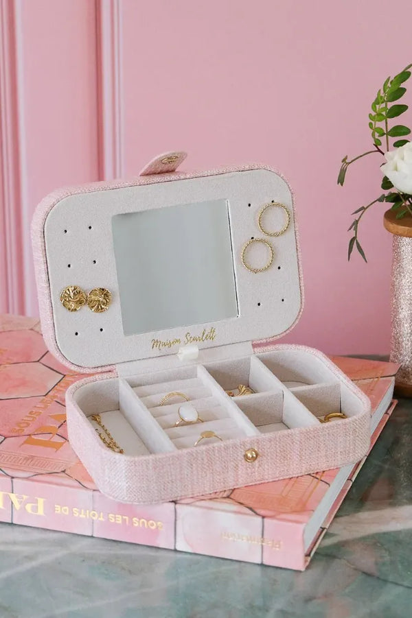Boîte à bijoux de voyage 'Brigitte' effet lin rose | MAISON SCARLETT
