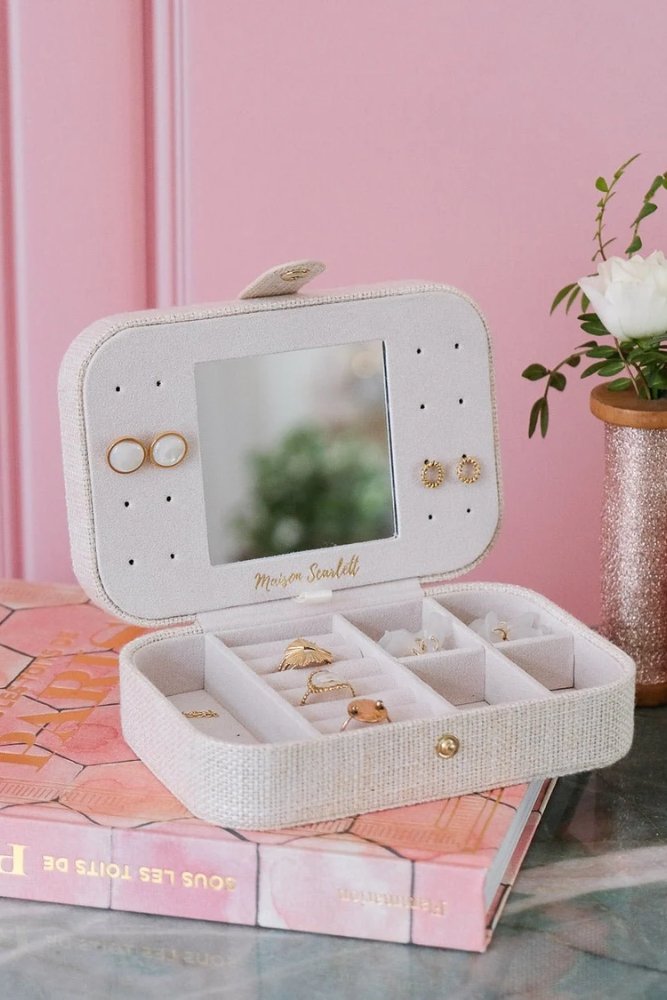 Boîte à bijoux de voyage 'Brigitte' effet lin Beige | MAISON SCARLETT