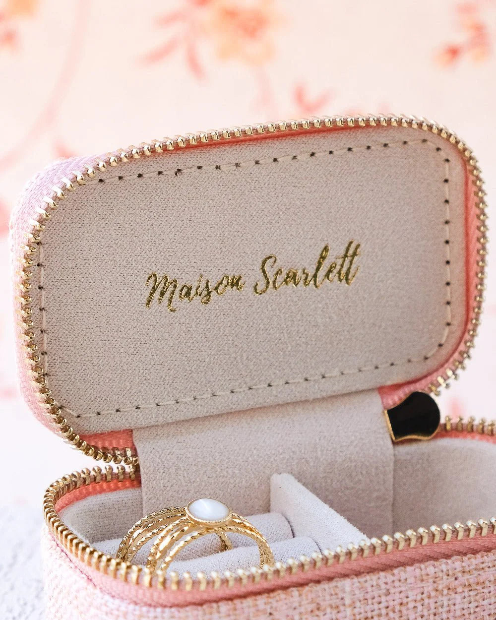 Mini boîte à bijoux de voyage 'Marie' effet lin Rose | MAISON SCARLETT
