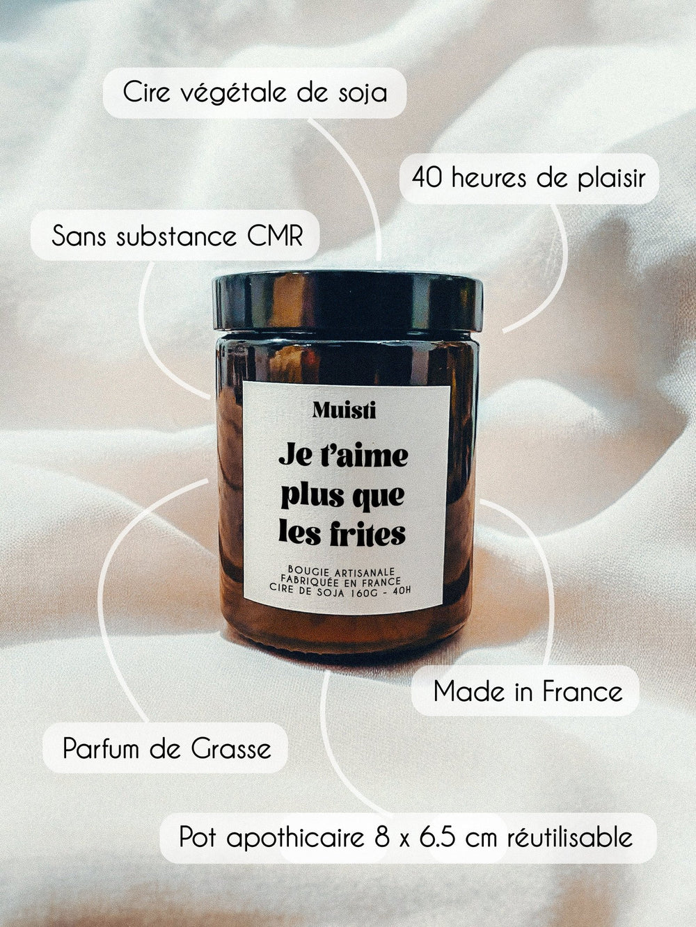 Bougie parfumée 'Je t'aime plus que les frites' Fleur d'oranger | MUISTI