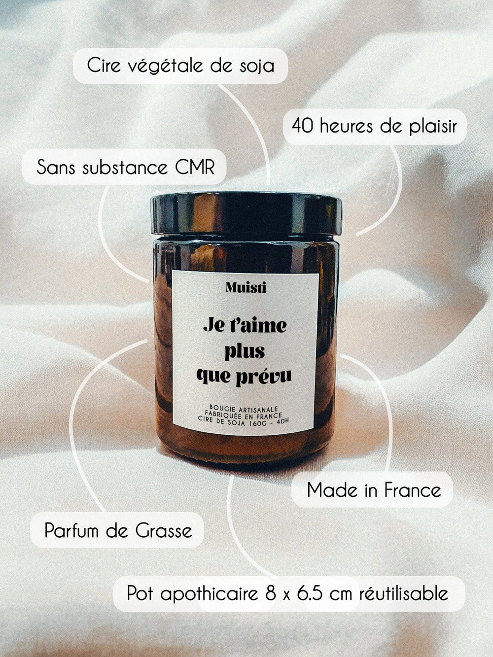 Bougie parfumée 'Je t'aime plus que prévu' Fleur d'oranger | MUISTI