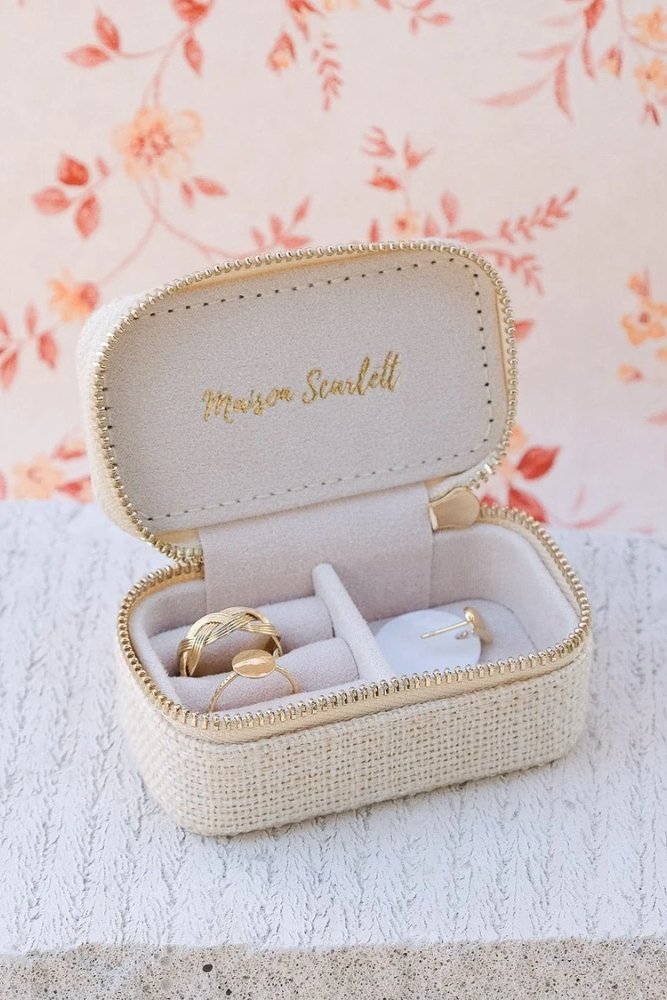 Mini boîte à bijoux de voyage 'Marie' effet lin Beige | MAISON SCARLETT