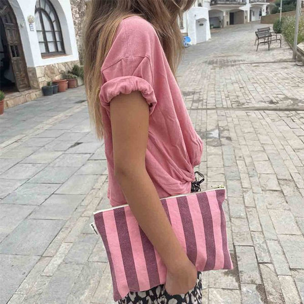 Pochette 'Lili' Rayures Bordeaux / Pink Flamingo | ROSE IN APRIL