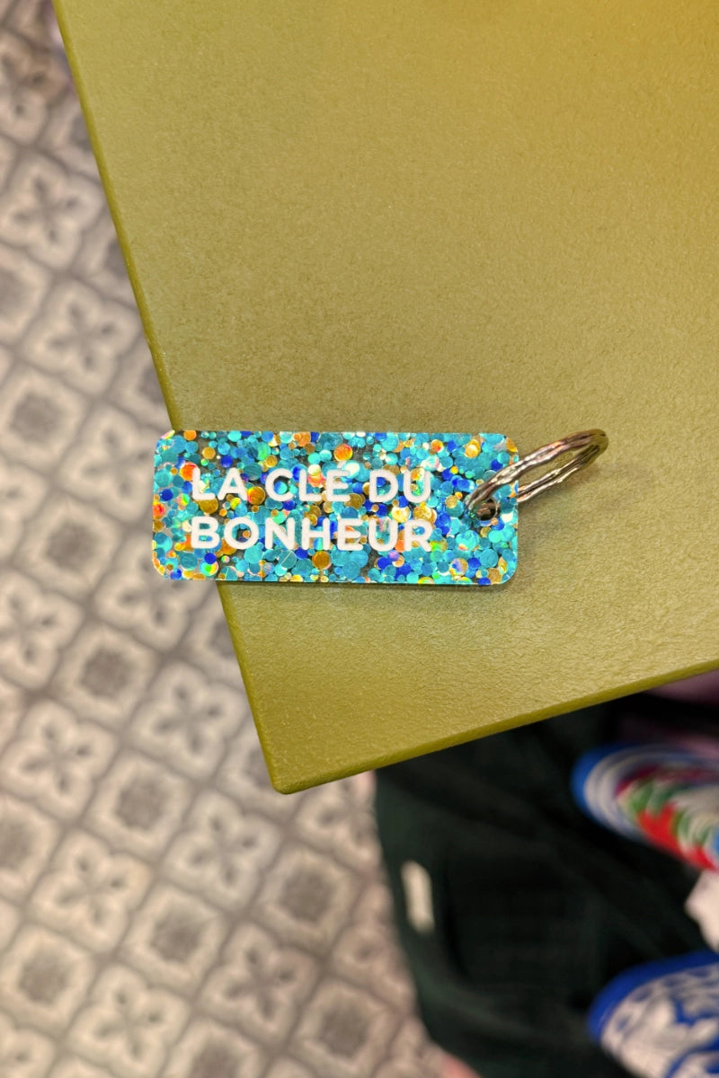 Porte-clés pailleté 'La clé du bonheur' Bleu-Or-Vert | PLUS DE LOVE