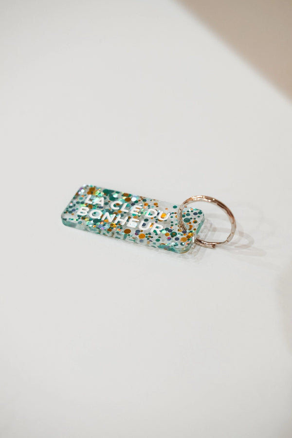 Porte-clés pailleté 'La clé du bonheur' Bleu-Or-Vert | PLUS DE LOVE