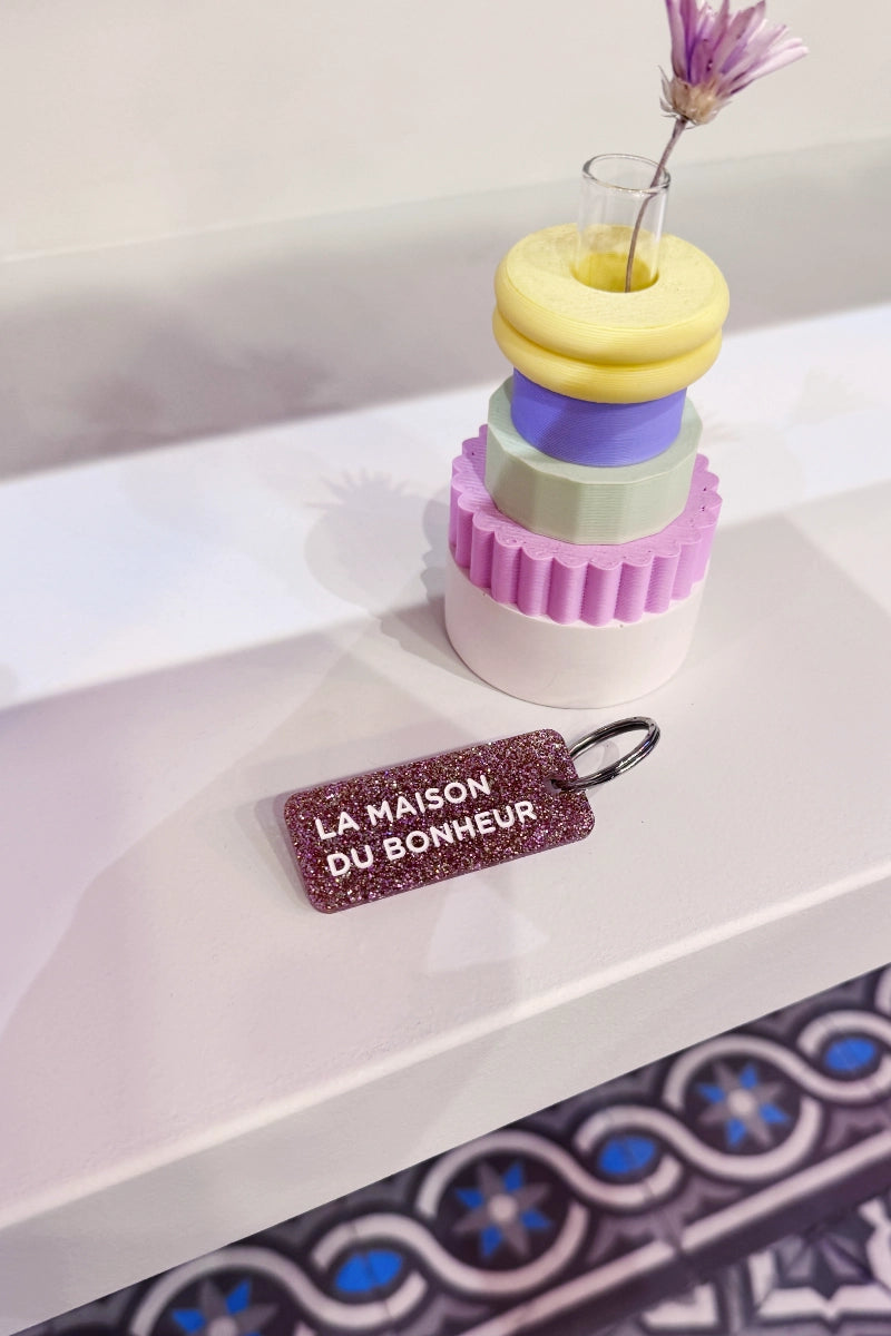 Porte-clés pailleté 'La Maison du bonheur' Rose | PLUS DE LOVE