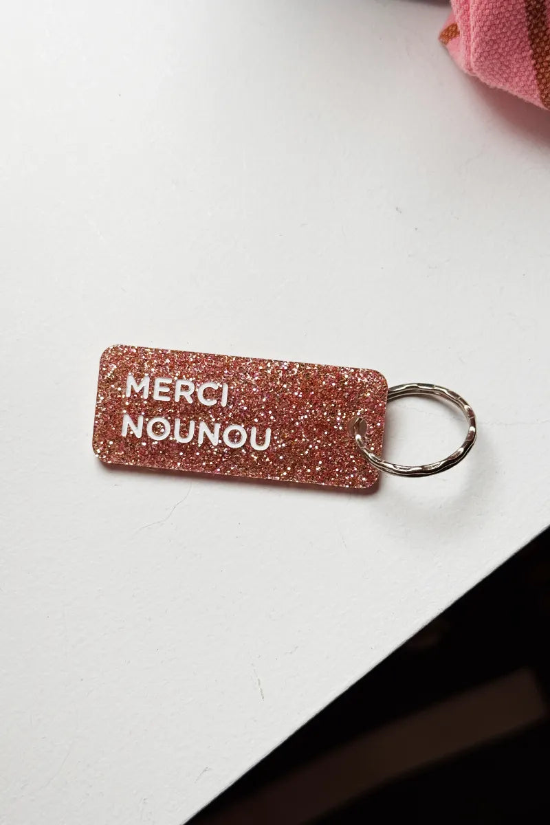 Porte-clés pailleté 'Merci Nounou' Rose | PLUS DE LOVE