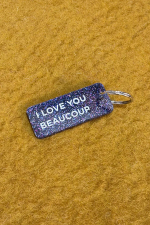 Porte-clés pailleté 'I love you beaucoup' Violet galaxy | PLUS DE LOVE