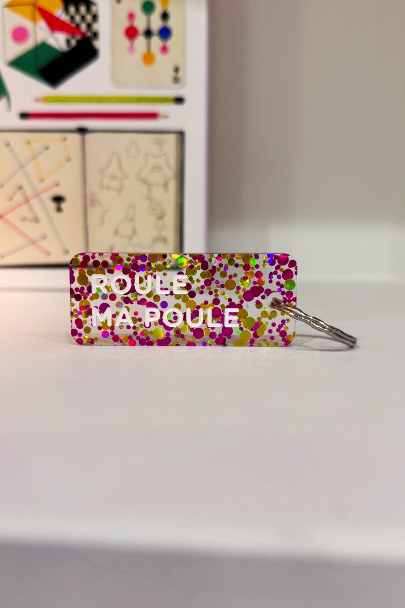 Porte-clés pailleté 'Roule ma poule' Fuchsia-Or | PLUS DE LOVE