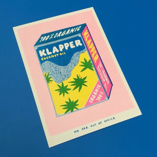 Affiche risographie 'Huile de noix de coco biologique Klapper' | WE ARE OUT OF OFFICE