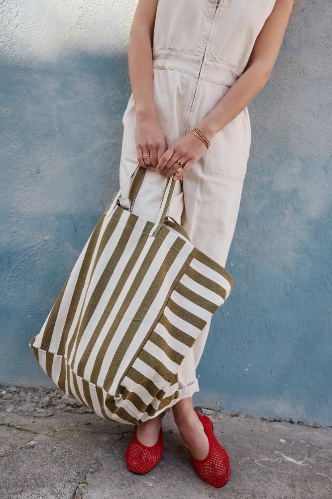 Sac cabas 'Elisa' Rayures Olive / Greige | ROSE IN APRIL