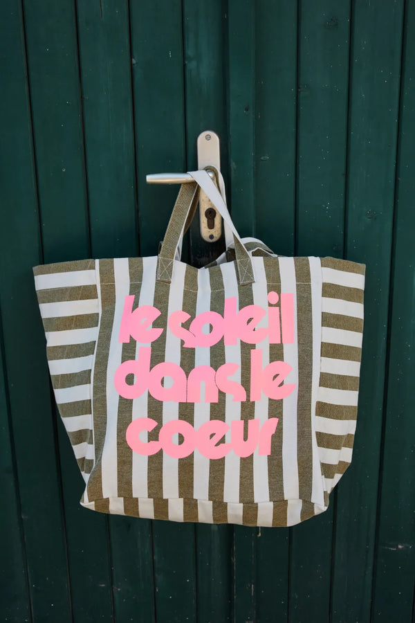 Sac cabas 'Le Soleil' Rayures Olive/Greige | ROSE IN APRIL X MOUFLETTE