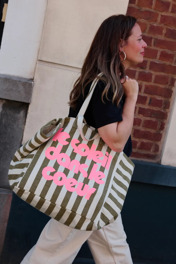 Sac cabas 'Le Soleil' Rayures Olive/Greige | ROSE IN APRIL X MOUFLETTE