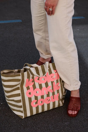Sac cabas 'Le Soleil' Rayures Olive/Greige | ROSE IN APRIL X MOUFLETTE
