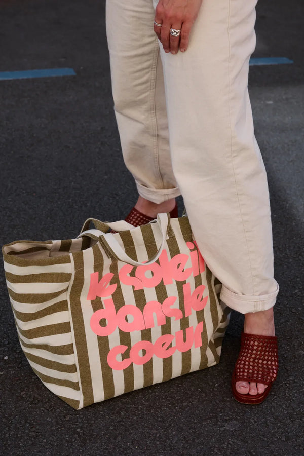 Sac cabas 'Le Soleil' Rayures Olive/Greige | ROSE IN APRIL X MOUFLETTE