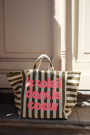 Sac cabas 'Le Soleil' Rayures Olive/Greige | ROSE IN APRIL X MOUFLETTE