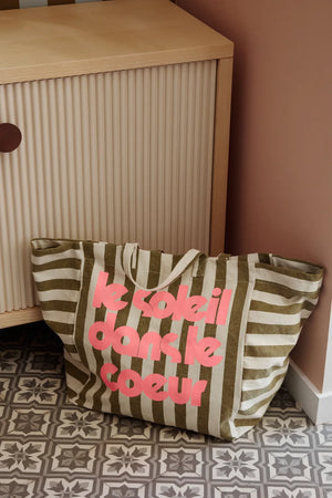 Sac cabas 'Le Soleil' Rayures Olive/Greige | ROSE IN APRIL X MOUFLETTE