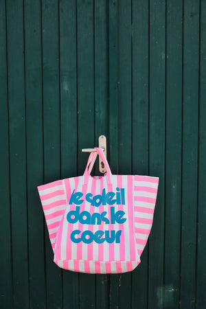 Sac cabas 'Le Soleil' Rayures Écru/Néon pink | ROSE IN APRIL X MOUFLETTE