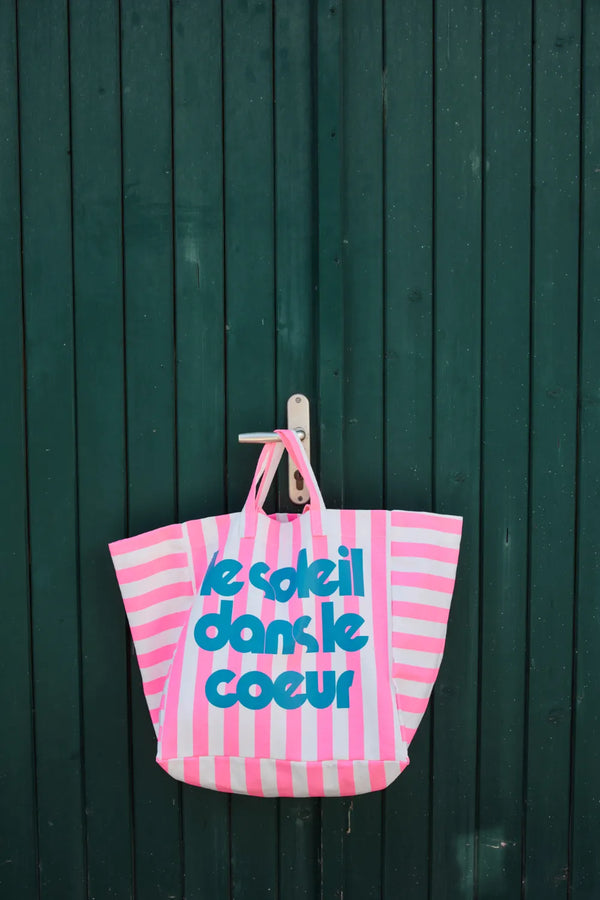 Sac cabas 'Le Soleil' Rayures Écru/Néon pink | ROSE IN APRIL X MOUFLETTE