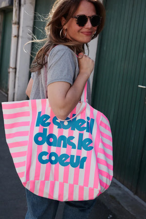 Sac cabas 'Le Soleil' Rayures Écru/Néon pink | ROSE IN APRIL X MOUFLETTE