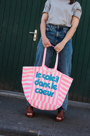 Sac cabas 'Le Soleil' Rayures Écru/Néon pink | ROSE IN APRIL X MOUFLETTE
