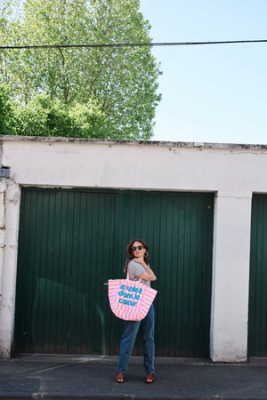 Sac cabas 'Le Soleil' Rayures Écru/Néon pink | ROSE IN APRIL X MOUFLETTE