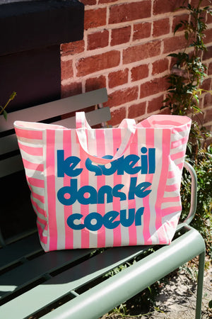 Sac cabas 'Le Soleil' Rayures Écru/Néon pink | ROSE IN APRIL X MOUFLETTE
