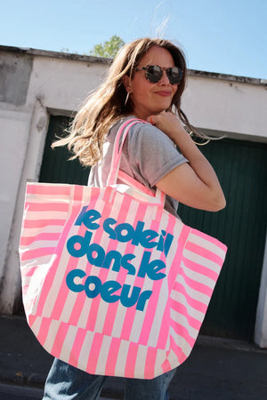 Sac cabas 'Le Soleil' Rayures Écru/Néon pink | ROSE IN APRIL X MOUFLETTE