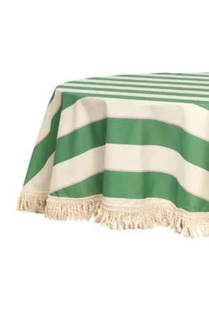 Nappe ronde à franges 160cm 'Green cabana stripes' | NOBODINOZ